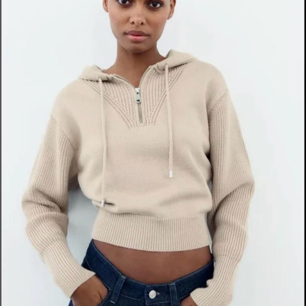 Zara Cropped Knit Quarter Zip Hoodie Sweater Beige Tan Size S